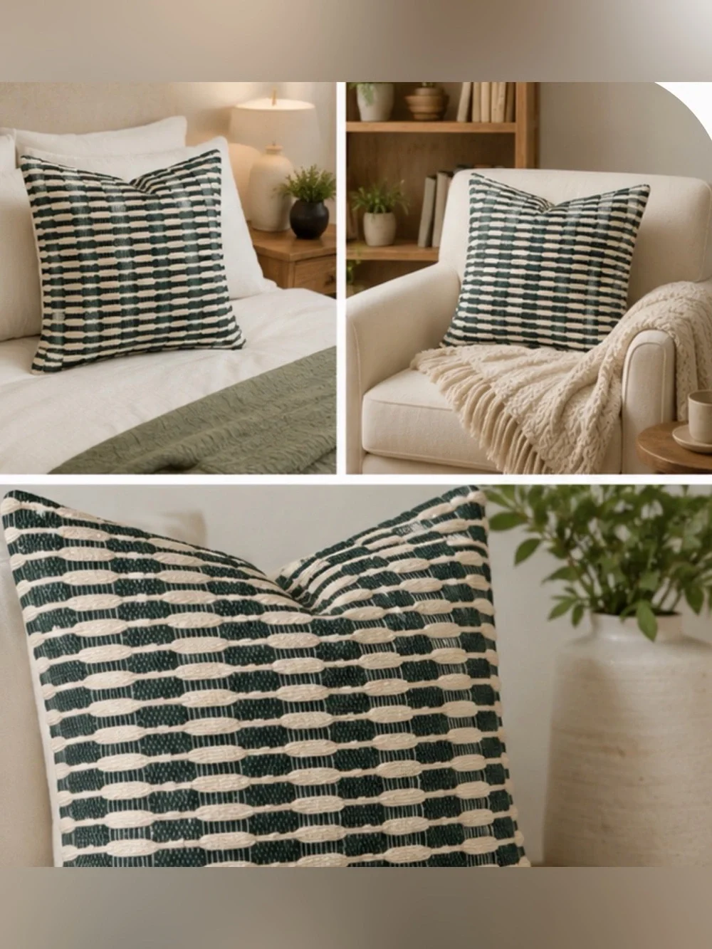 West Elm Cream and Green Woven Decorative Pillow Cover 20”X20”